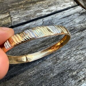 Yellow White Two Toned Solid Gold 14k Bangle Bracelet Push Lock Textured  4.45g